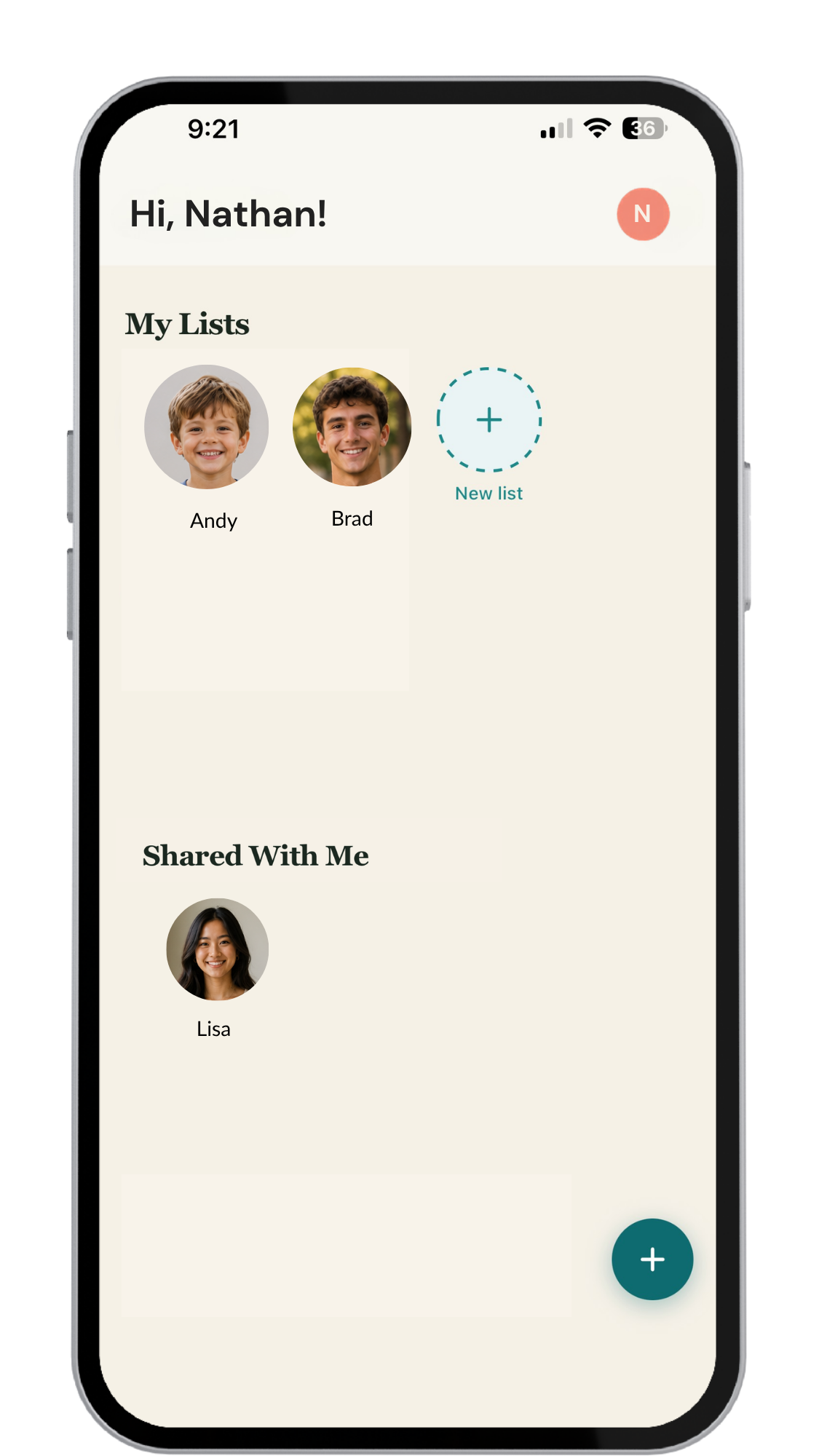 Circle-based wishlists dashboard showing My Lists and Shared With Me