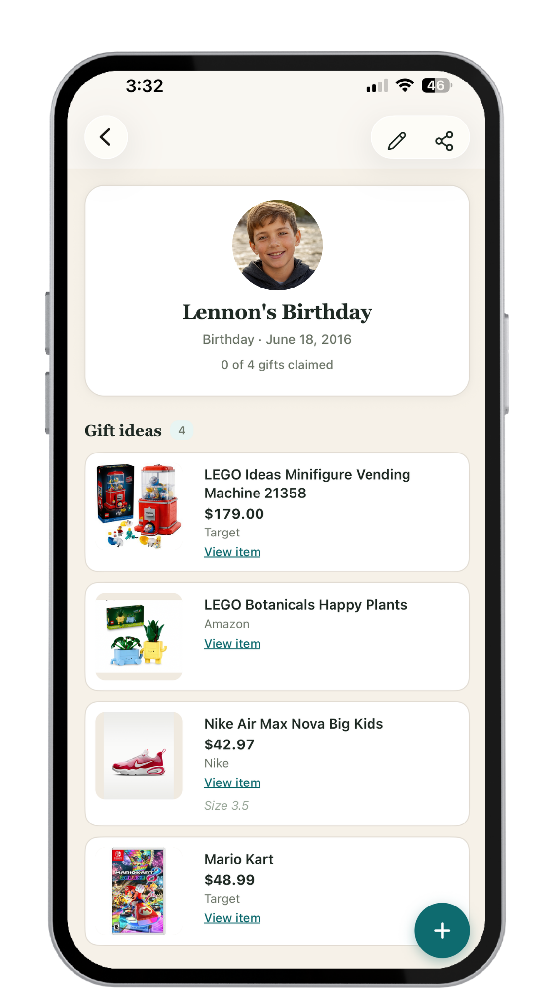 Gift list inside the app