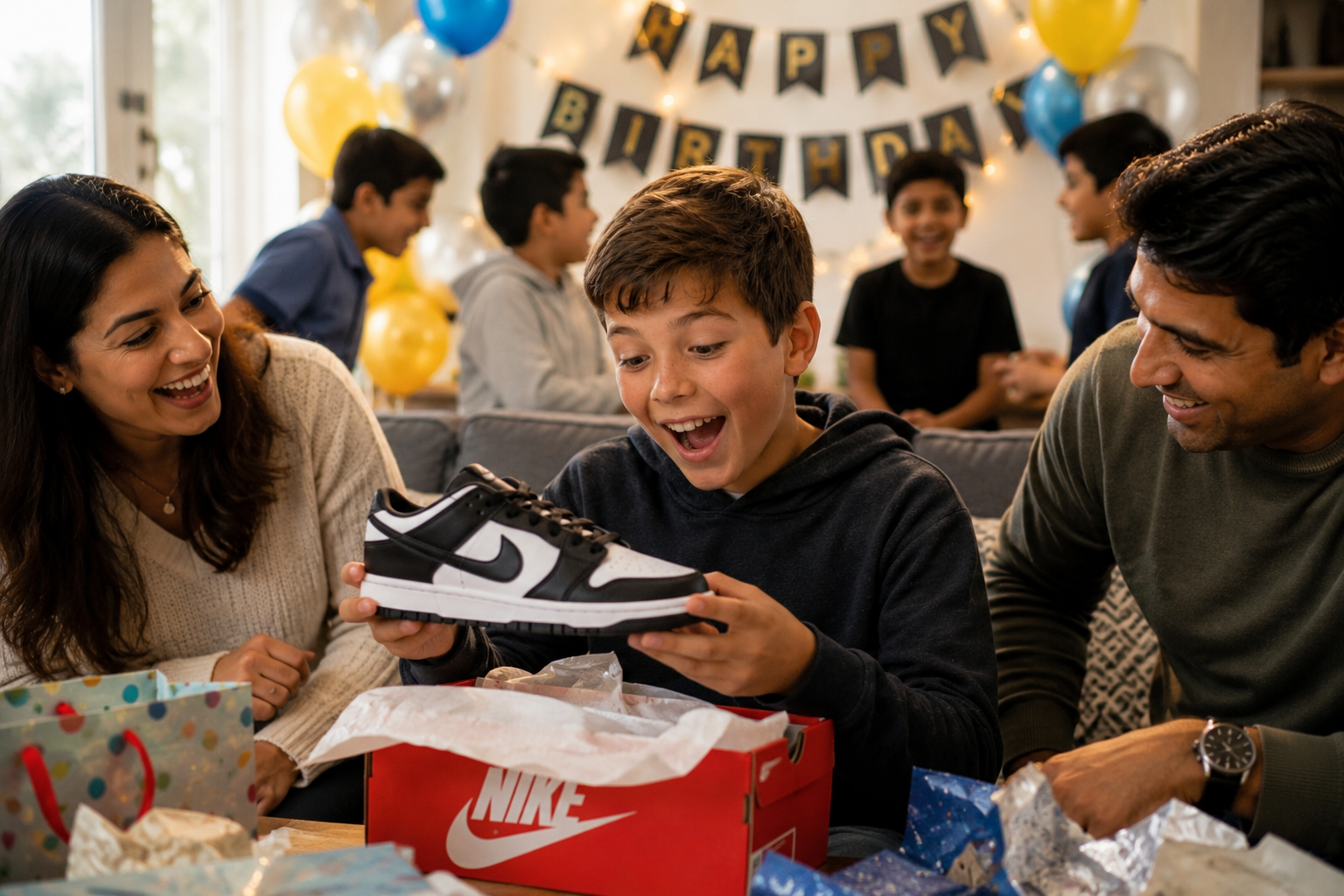 Family celebrating a birthday, child opening a gift with joy