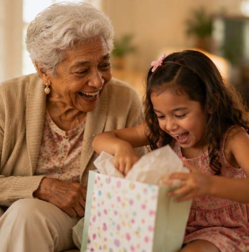 Grandmother and granddaughter sharing a gift moment